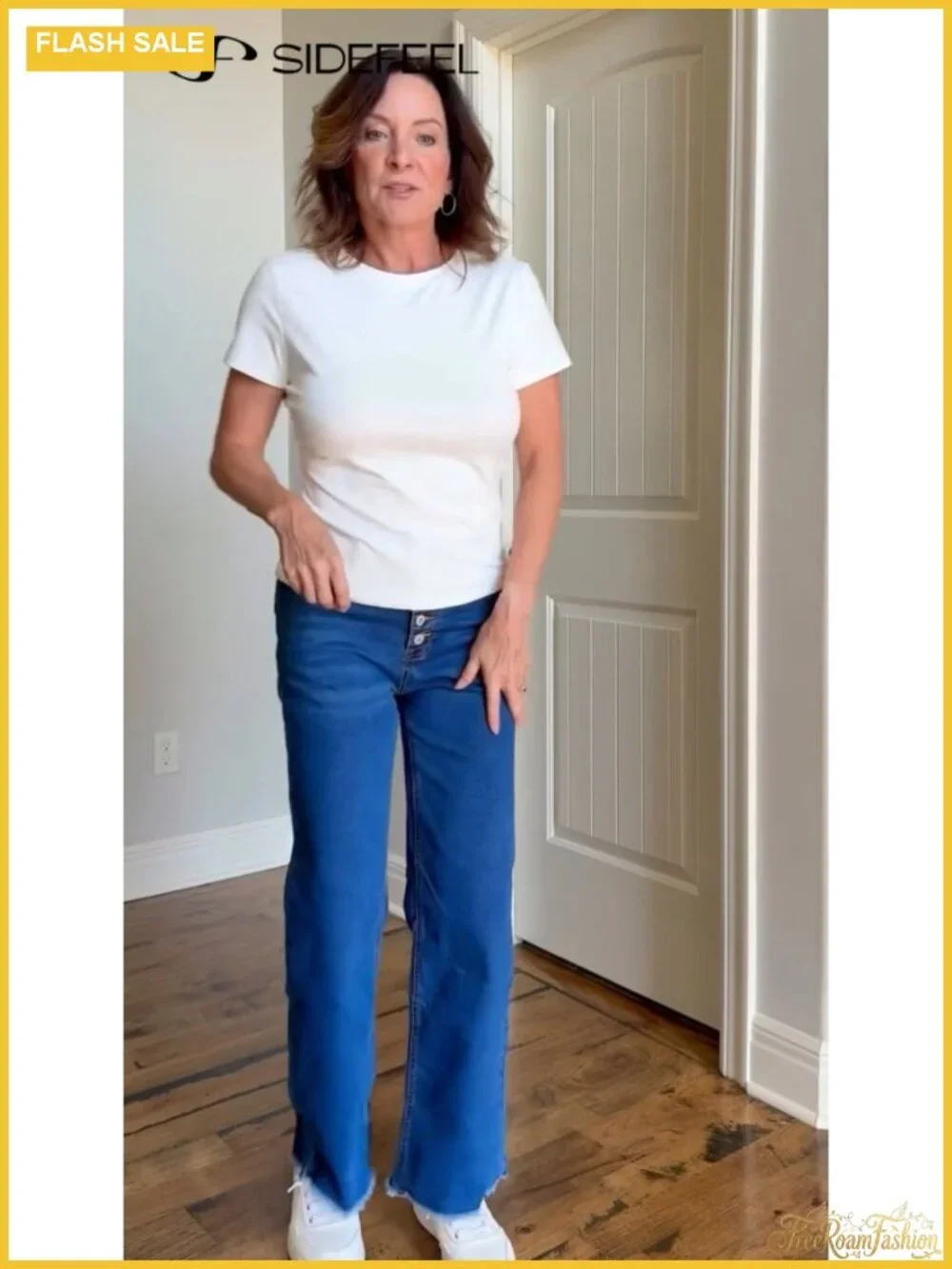 High Waisted Wide Leg Stretchy Jeans with Button Fly and Raw Hem